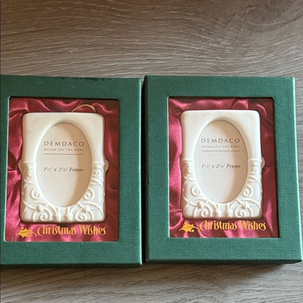Demdaco Christmas Wishes Ceramic Mini Photo Frame Ornaments Set of 2 Cream White